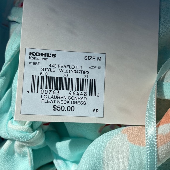 Lauren Conrad Aqua Floral Pleat Neck A-line Mini Dress Waist Tie Back Neck Tie - Picture 5 of 8